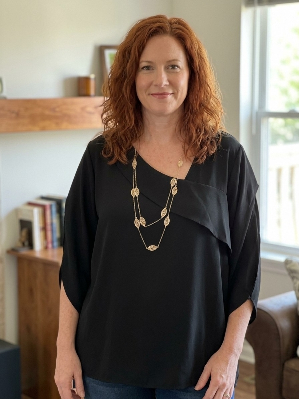 Black Draped Asymmetric V-Neck Blouse FREE NECKLACE